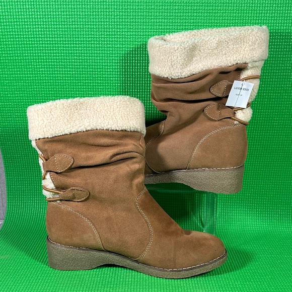 Lands’ End NEW 432794 Camel/Brown Suede Leather Faux Fur Boots Size W's 8 B - Picture 2 of 7